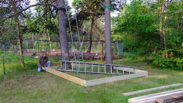 Man prebuild simple framing for tree house construction. There are cage free chickens in the background in large orchard enclosure.