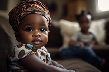 African baby photographed on the sofa with sister in the background. Fictional persons. Generative AI