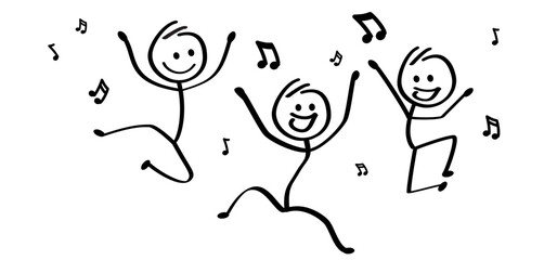 Cartoon dancing couple. Jump, spring, dance and happy stickman people.  Jumping stick figure man person. Party time. to hop, skip on music. Dancers icon. Disco radio symbol.