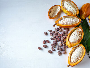 Top view of half-ripe cacao pods and white cocoa seed with dry brown cocoa beans and green cocoa leaf