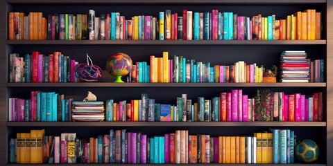 Home library shelf with colorful books, concept of Education, created with Generative AI technology