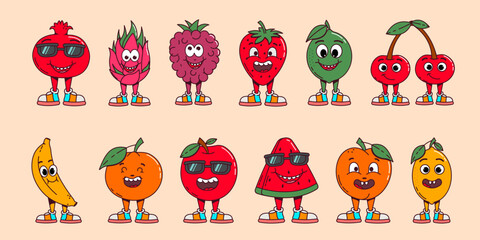 Retro labels with trendy groovy fruits. Collection of bright walking happy cartoon characters 70s. Retro fruits and berries, cheerful vegetables waving their hands and smiling
