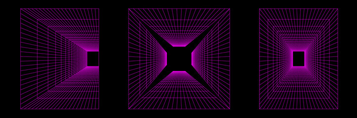 Set of distorted vertical grid pattern, checkerboard pattern and dotted distorted vertical pattern. Y2K Retrowave shapes, vaporwave, rave. Trendy retro shapes 1980s, 90s, 2000s style. vector
