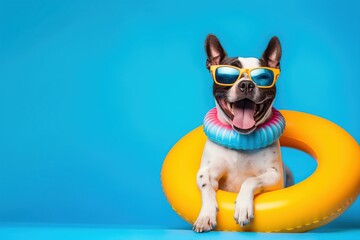 Laughing a dog wearing sunglass and an inflatable ring, blue yellow background by generative ai
