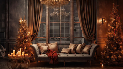interno di salotto romantico, con divano finestra e fiori tono su tono, formato banner, ideale per inserimento persone o arredamento,  - obrazy, fototapety, plakaty