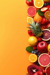 Fruits on yellow background. Vertical background with copy space. AI generative.