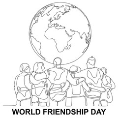 One line of World Friendship Day banner with world map. Continuous line Concept Observed on Every July 30. Single line of Friendship Day isolated on white background.