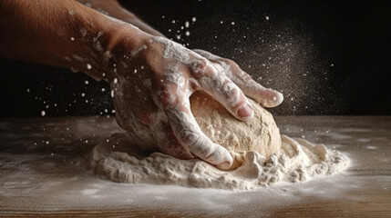 Fototapeta premium Chef prepares the dough with flour to make pasta, pizza or bread. Generative AI