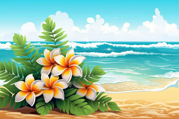 Fototapeta na wymiar frangipani flowers on the beach in sand illustration Generative AI