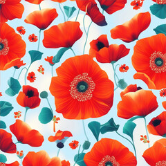 Abstract flowers background, red poppies flowers pattern wallpaper. Generative AI.