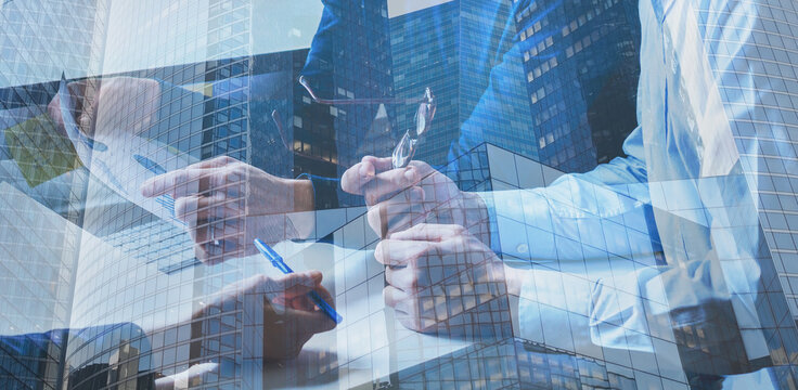 business people working in office, business teamwork background banner, double exposure of hands closeup