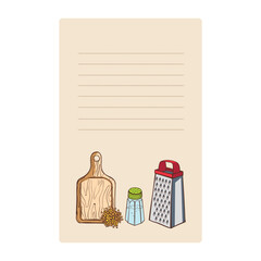Blank recipe book with grater and salt vector illustration graphic design