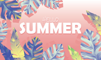 Summer tropical design for banner or flyer with exotic palm leaves, colorful leaves and handlettering.