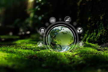 Concept of ESG, environment, society and governance. Crystal globe placed on moss in forest with...