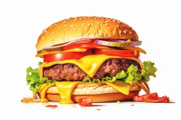 A melting slice of cheddar on a burger white background. Generative AI