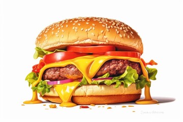 A melting slice of cheddar on a burger white background. Generative AI