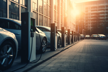 A line of electric cars charging at a public charging station in city. AI generative