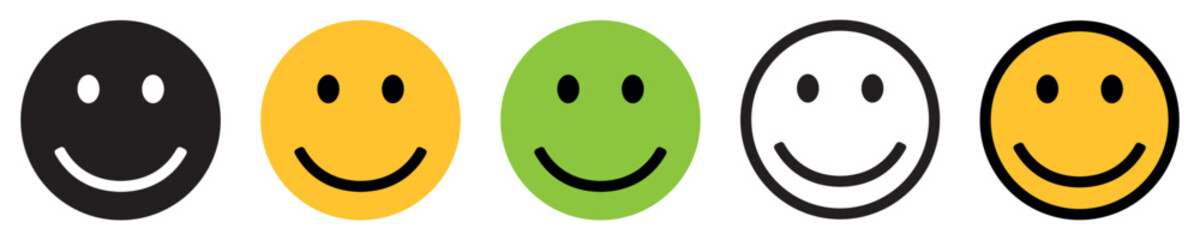 Set of smileys. Smiling face icon, cute smile. Happy emotion sign, emoticon symbol. Vector illustration.