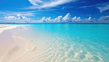 Fototapeta na wymiar Beautiful seascape with sandy beach with few palm trees and blue lagoon 