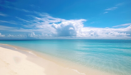 Fototapeta na wymiar Beautiful seascape with sandy beach with few palm trees and blue lagoon 
