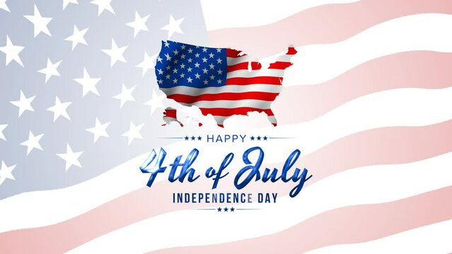 Happy 4th of July greeting animation 2023, lettering text with waving USA flag inside map. Independence Day united states of america concept, for banner, feed, stories.