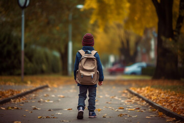 Little boy goes to school alone back view. Kid with a backpack on the autumn street. AI generated