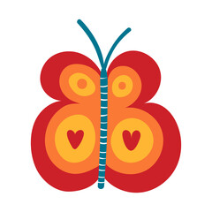 Cute butterfly with hearts, round shapes pattern hand drawn illustration. Scandinavian style flat design, isolated vector. Tropical insect, nature, kids print element