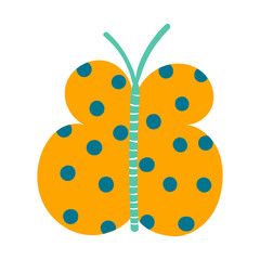 Cute butterfly with polka dots pattern hand drawn illustration. Scandinavian style flat design, isolated vector. Tropical insect, nature, kids print element
