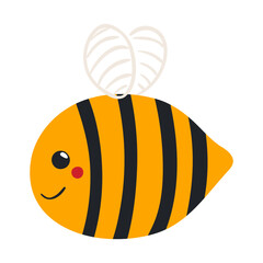Cute flying bee with kawaii face, transparent wings hand drawn cartoon character illustration. Scandinavian style flat design, isolated vector. Insect, nature, kids print element
