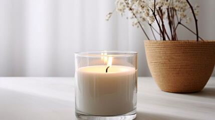 Fototapeta na wymiar Clear glass burning candle. Bright white cozy home interior