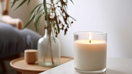 Clear glass burning candle. Bright white cozy home interior