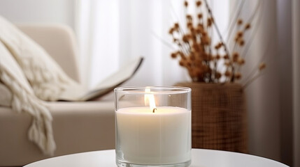 Obraz na płótnie Canvas Clear glass burning candle. Bright white cozy home interior