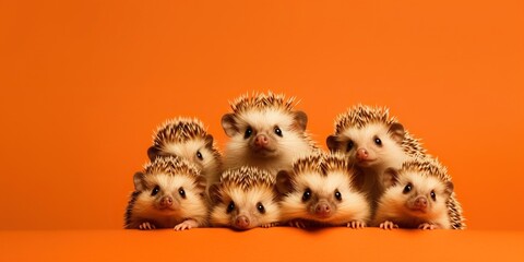 Group of funny hedgehogs on orange background, concept of Cute woodland creatures, created with Generative AI technology