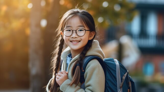Asian schoolgirl girl with backpack smiling. AI generation