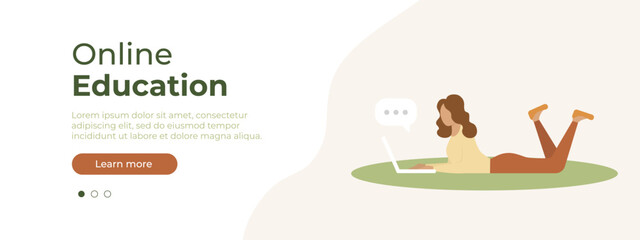 Woman with laptop sitting in home and working. Layout for website page. Concept illustration for working, freelancing, studying, education, work from home. Vector illustration EPS 10