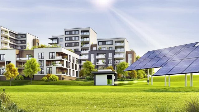Residential buildings with solar panels and storage batteries
