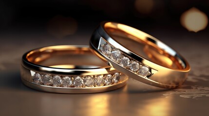 Wedding rings with diamond.  Wedding postcard. Banner wedding rings illustration. Gold wedding rings with brilliant. Jewelry generative ai.