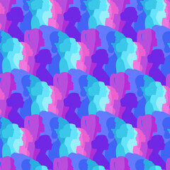 Seamless drawing of a crowd of women. Multinational women, vector illustration. Female faces from different cultures in profile, a large number of people.