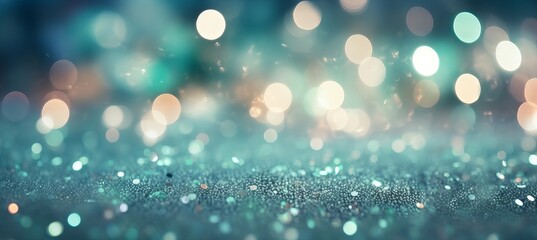 Green teal colors christmas glitter lights sparkle bokeh background. Generative AI technology.