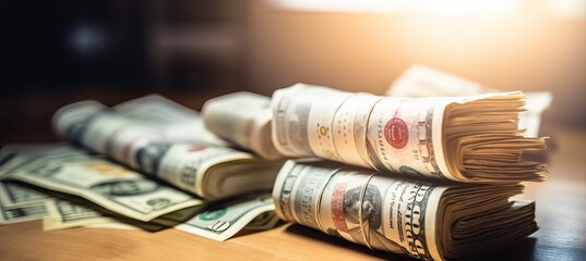 Stack of fiat money. Shiny light effect background. Generative AI technology.	