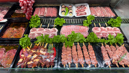 Butcher bench. Meat products for sale