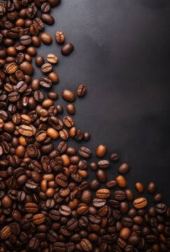 Coffee beans. Background with copy space, vertical. AI generative.