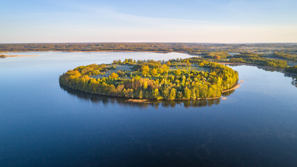 Aerial view of a beautiful lake in the morning