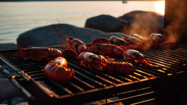 lobsters being cooked on a grill with the sun setting in the background and water behind them to be eaten