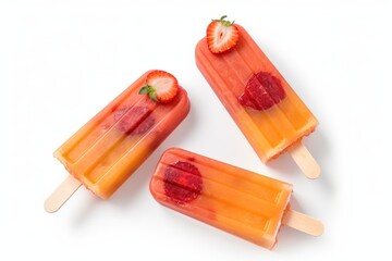 Top view, Orange and strawberry popsicles isolated on white background by generative ai