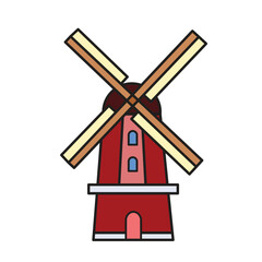 Colored red windmill vector icon outlined isolated on square white background. Simple flat minimalist outlined drawing with farming theme.