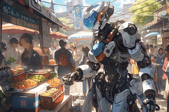 Humanoid robot rushing through a crowded market