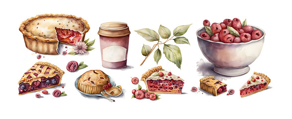 Set of watercolor tea and sweets, leaves, baked goods collection png