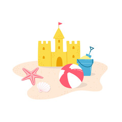 Sand castle surrounded by a bucket with spatula, ball, starfish and seashell. Summer beach entertainment for children. Vector illustration in flat style on a white background. - obrazy, fototapety, plakaty
