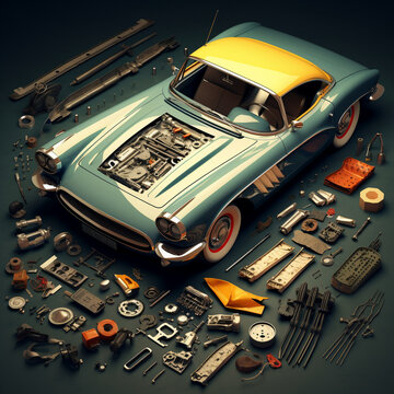 Illustration of a disassembled car for parts 3d